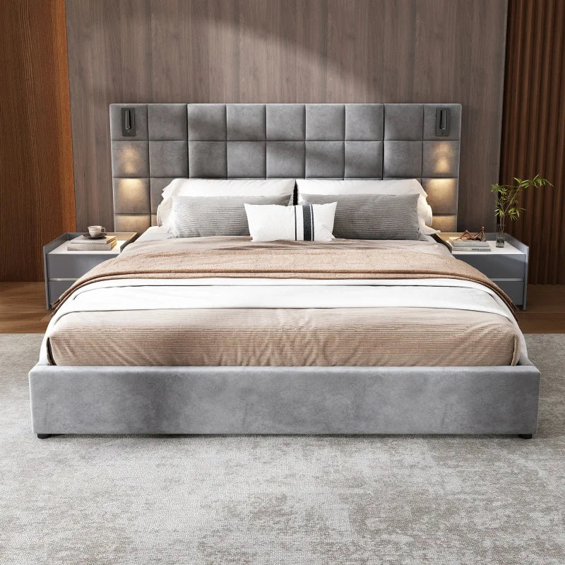 Wide-Headboard Bed with Reading Lights