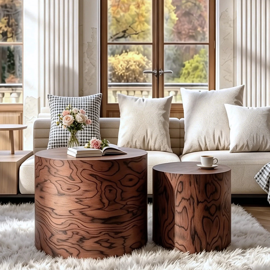 2-Piece Nesting Round Coffee Table Set, Tree Stump Drum Accent Side Table, No Assembly, Natural Swirl Grain Rustic Accent Table