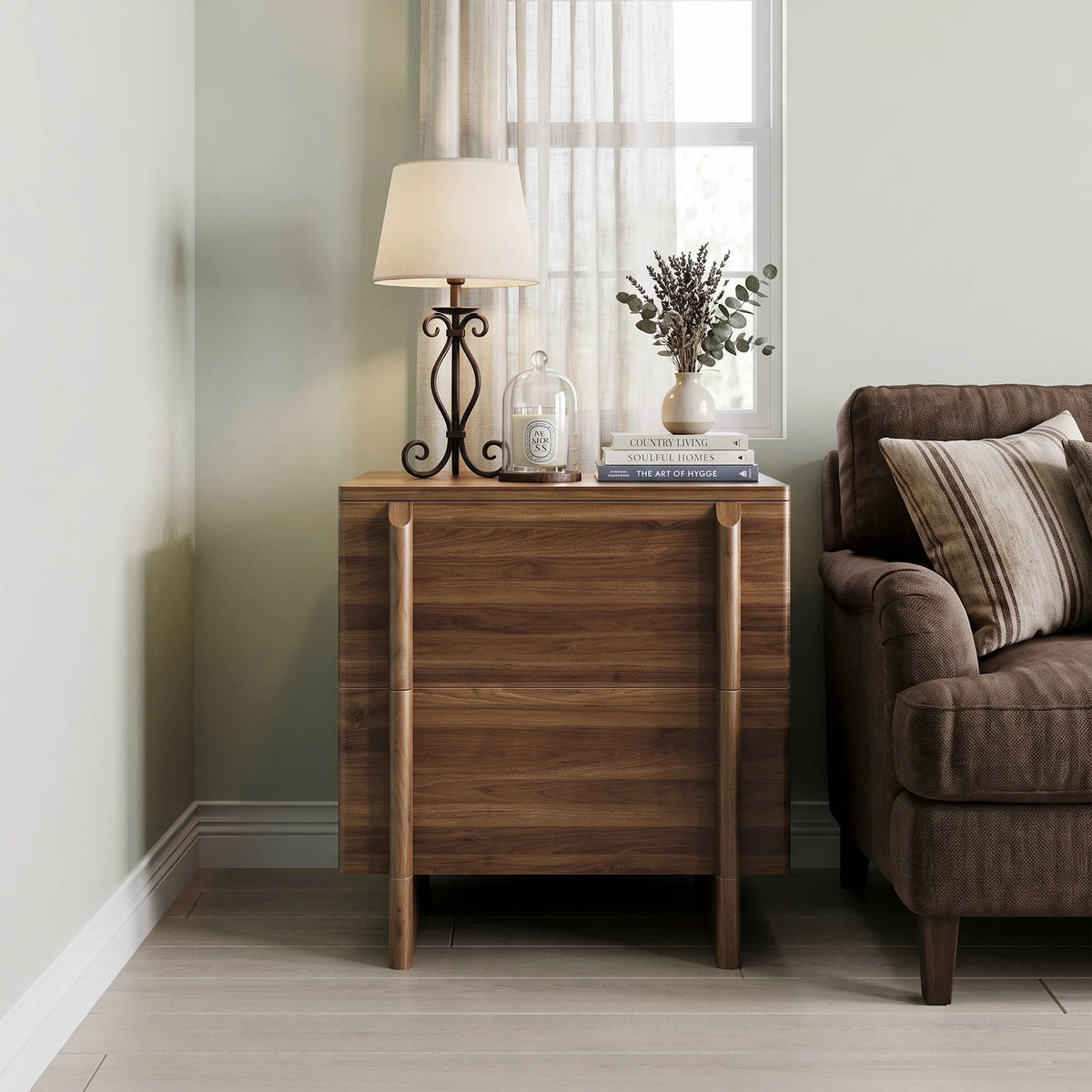 Minimalist walnut-colored nightstand, two-drawer bedside storage cabinet with rounded corners; suitable for bedrooms, living roo