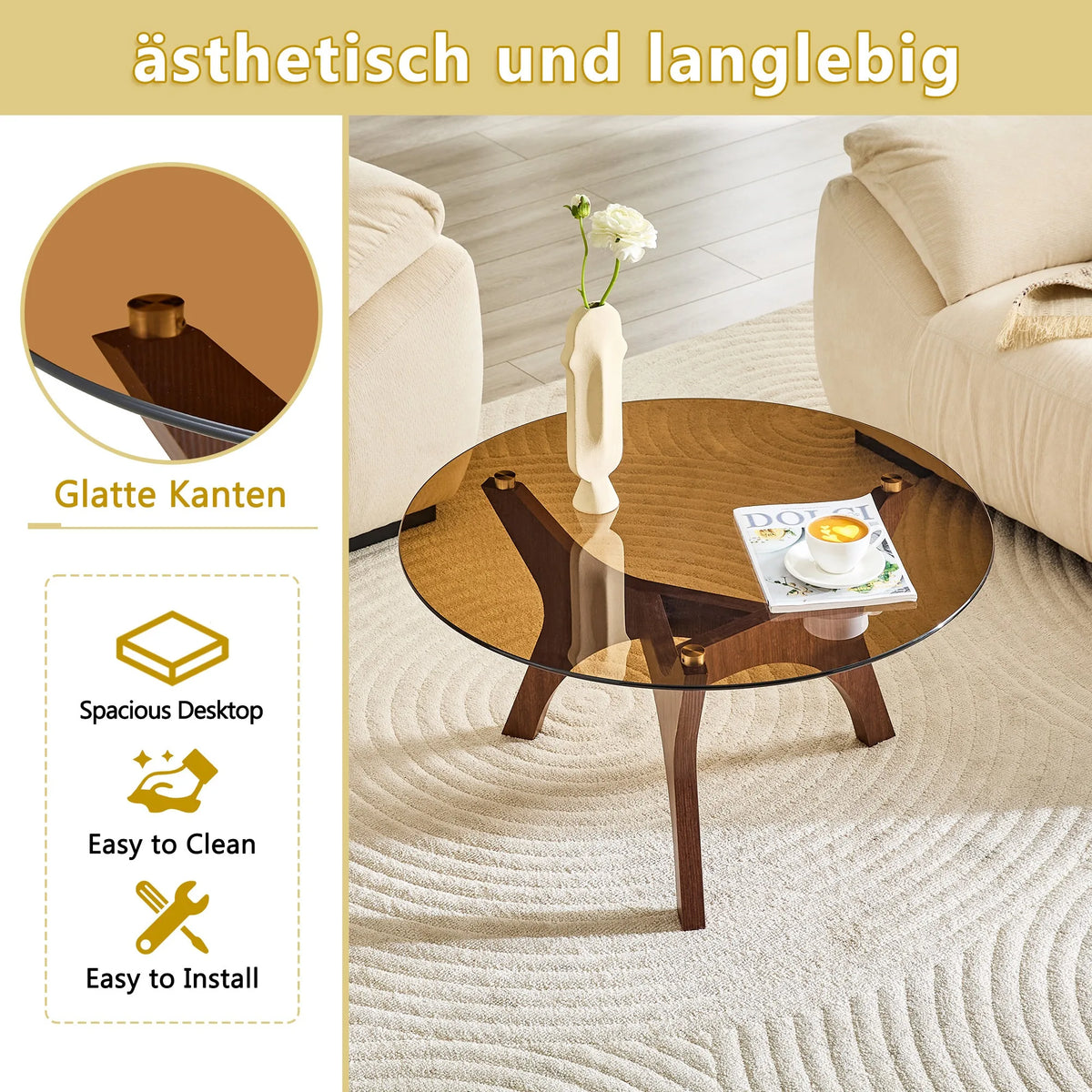 31.5 Inch Glass Coffee Table, Mid-Century Modern Style, Ideal as a Centerpiece for Living Rooms, Bedrooms, Reception Areas, and