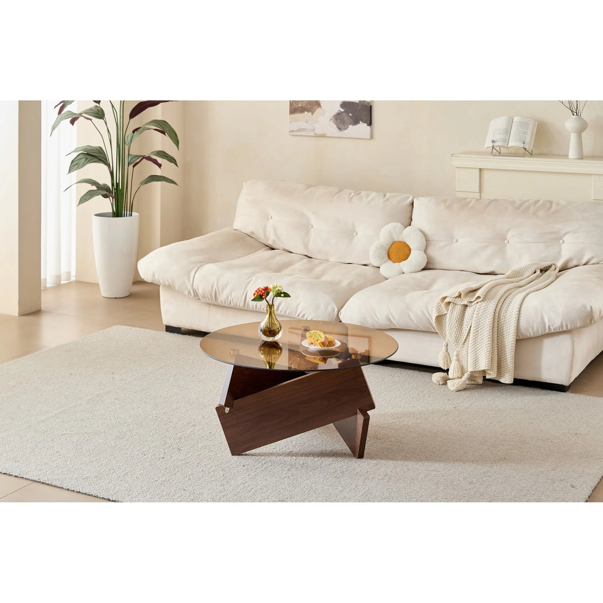 Modern round coffee table, small farmhouse-style coffee table, suitable for living room, with tempered glass top, color: brown