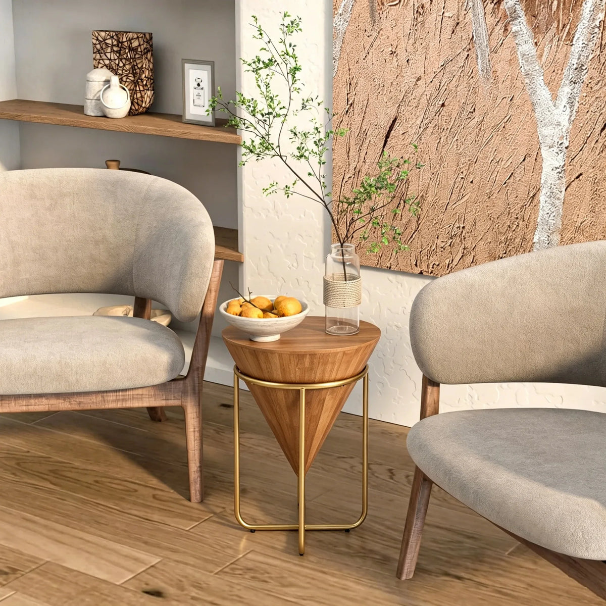 Minimalist & Luxe Wood & Gold Side Table, Cone-Shaped Round Accent Table, Multi-Space Versatile End Table for Living Room, Bedro