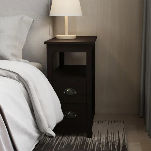 End Table Narrow Nightstand With Two Drawers and Open Shelf-Brown