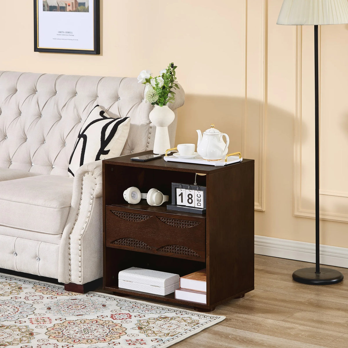 Mid Century Modern Rattan Nightstand with Charging Station USB Ports & Outlet Hole & 4 Solid Wood Bases, Farmhouse End Table wit