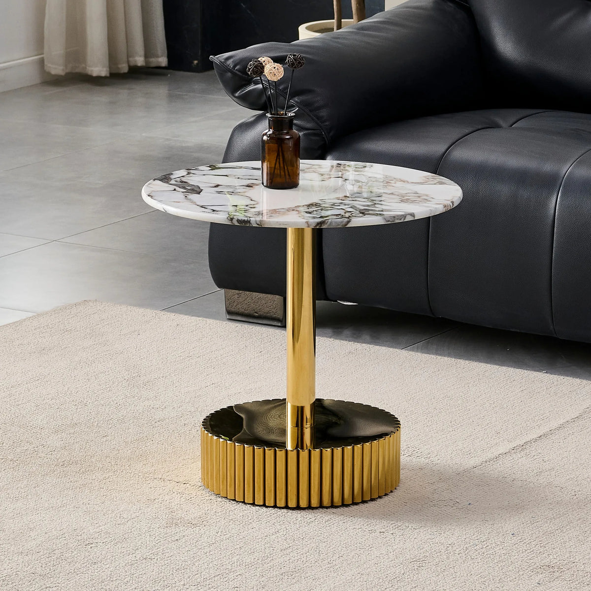 21.65 Inch Modern End Table, Nightstand, Featuring White Marble-Patterned Glass With A Gold Stainless Steel Frame, Suitable For