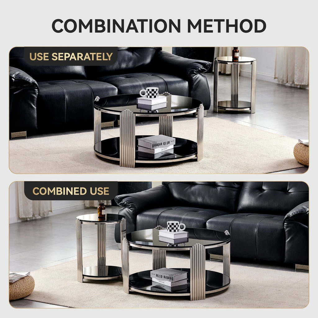 16.90 Inch Modern End Table, Bedside Table,Double-Layer Tempered Black Glass & Silver Stainless Steel Frame Living Room Table, R