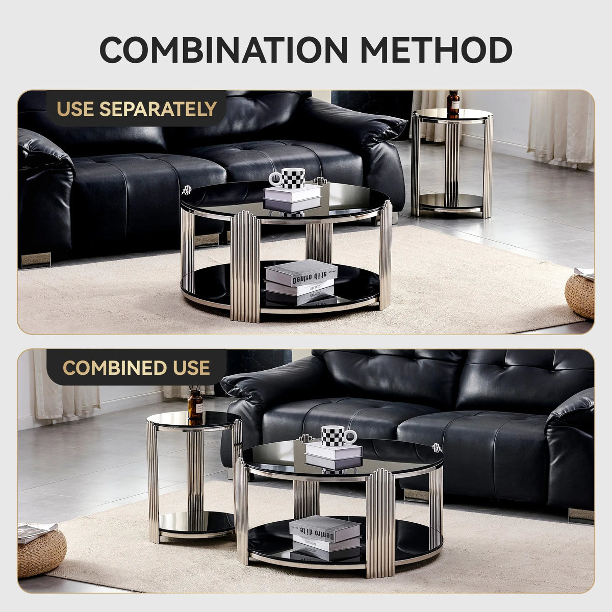16.90 Inch Modern End Table, Bedside Table,Double-Layer Tempered Black Glass & Silver Stainless Steel Frame Living Room Table, R