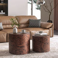 2-Piece Nesting Round Coffee Table Set, Tree Stump Drum Accent Side Table, No Assembly, Natural Swirl Grain Rustic Accent Table