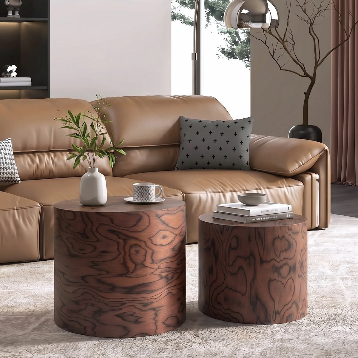 2-Piece Nesting Round Coffee Table Set, Tree Stump Drum Accent Side Table, No Assembly, Natural Swirl Grain Rustic Accent Table