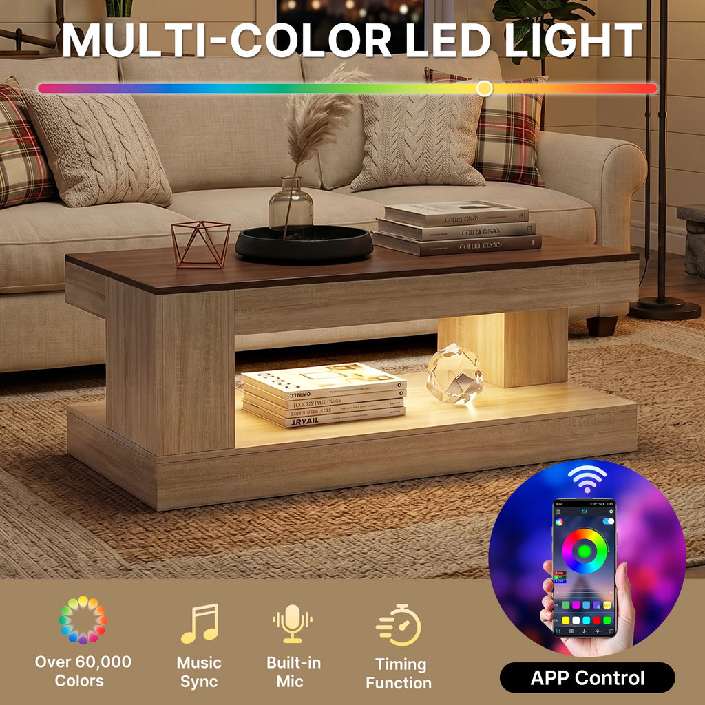 Modern Durable Handmade Wood Coffee Table APP Control Lights Two-Tone Finish 2-Tier Storage Eco-Friendly Living Room Furniture