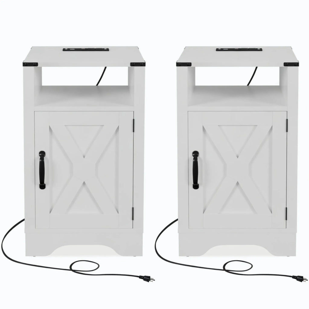 Set Of 2 16 White Farmhouse Nightstand With Charging Station Storage