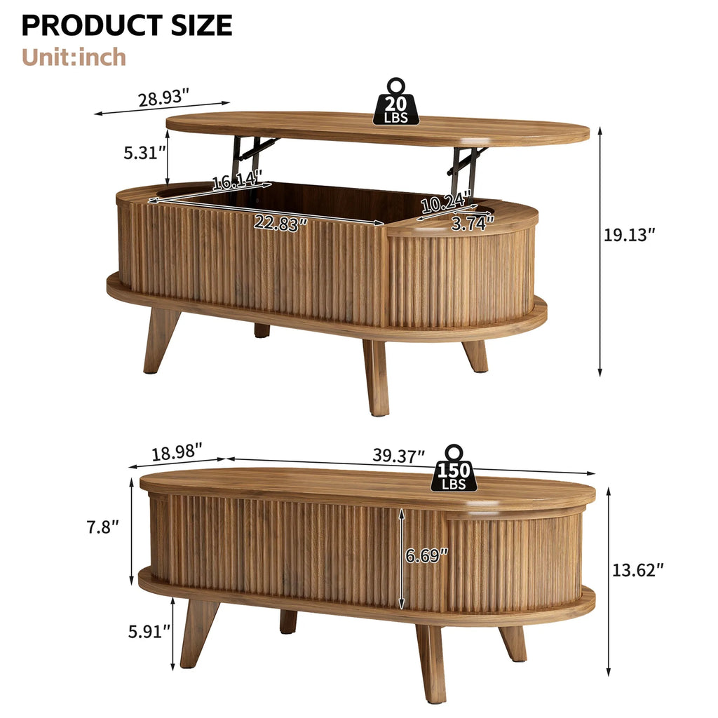 Fluted Lift Top Coffee Table with Hidden Compartment, Wooden Center Table, Modern Oval Lift Tabletop for Home Living Room Office