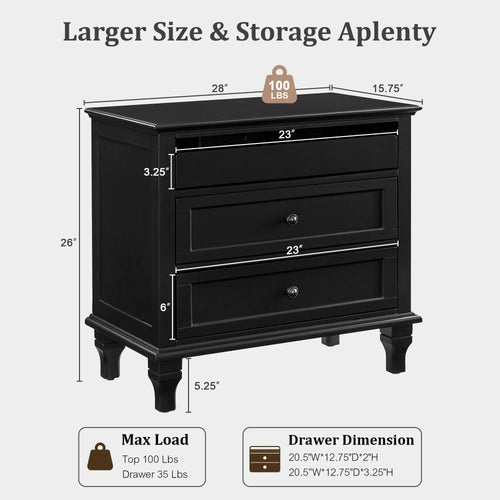 28 Inch Wood Nightstand with Charging Station, Farmhouse Bedside Table with 3 Drawers, USB & Type-C Ports, Storage End Table for