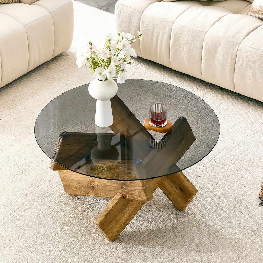 Artistic Cross-Style Round Coffee Table.Smoked Gray Tempered Glass + Wood-Patterned MDF Base, Mid-Century Modern Living Room Cof