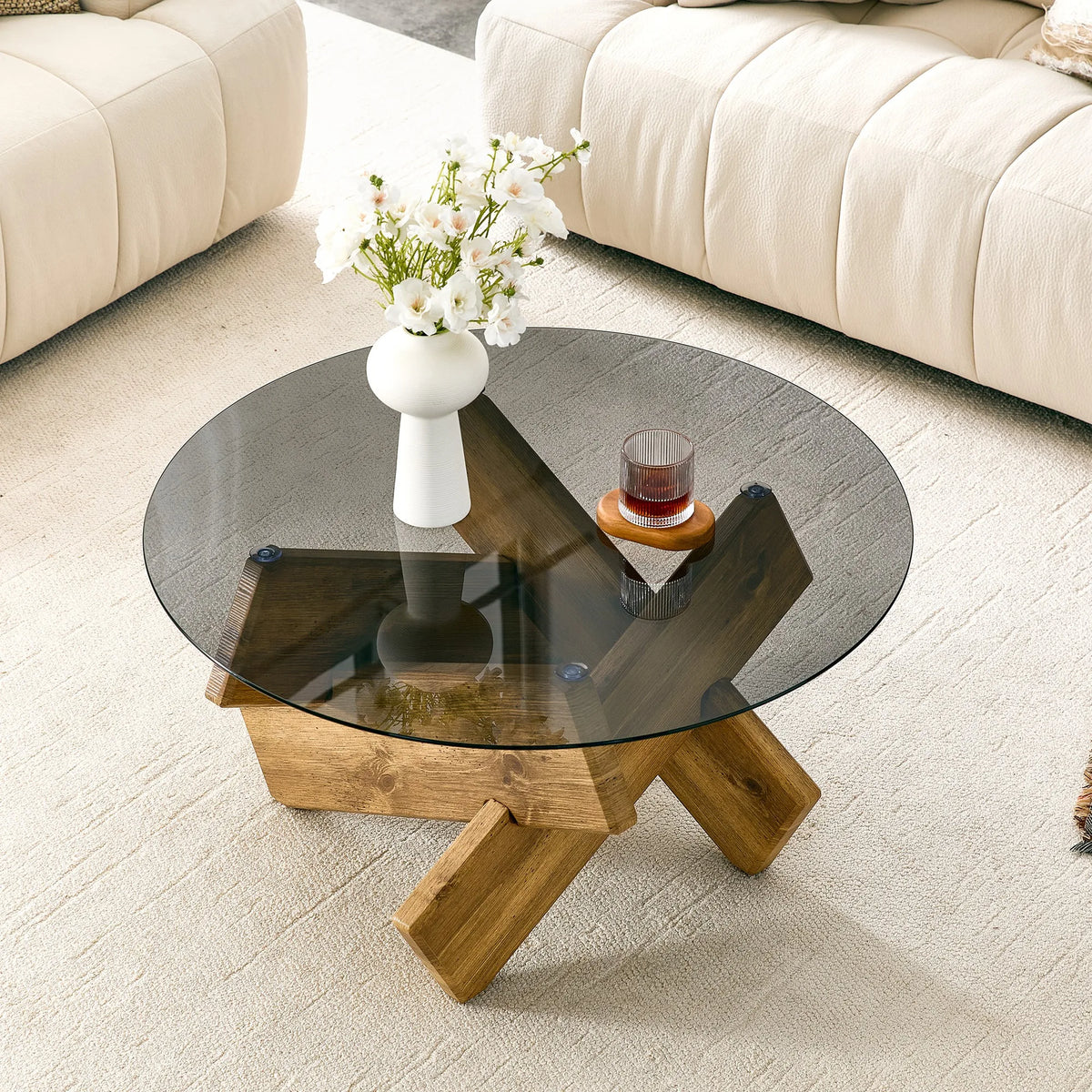 Artistic Cross-Style Round Coffee Table.Smoked Gray Tempered Glass + Wood-Patterned MDF Base, Mid-Century Modern Living Room Cof