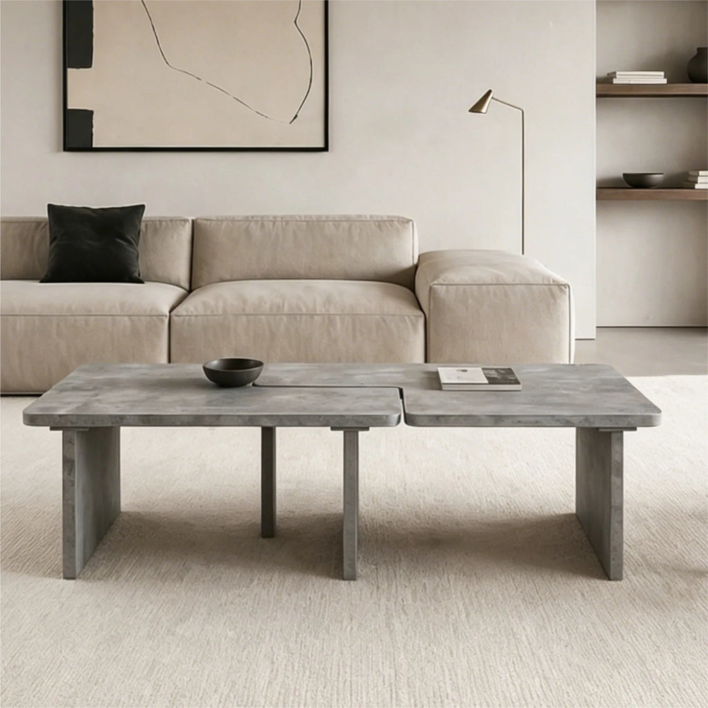 Modular Concrete Coffee Table Set of 2, Nesting L-Shaped Puzzle Center Table, Faux Stone Look Square or Rectangular Cocktail Tab