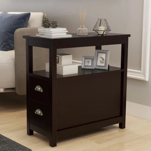 End Table Narrow Nightstand With Two Drawers and Open Shelf-Brown