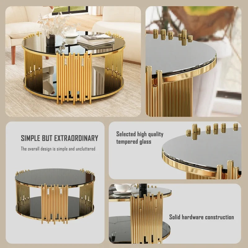 M Modern Light Luxury Durable Living Room Furniture Stainless Steel Circular Coffee Table Storage Tempered Glass Countertop