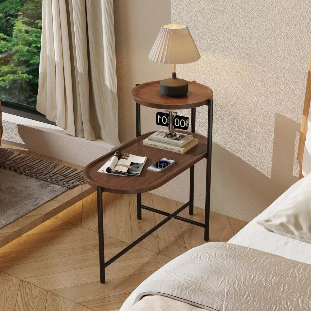OVS 27" Walnut Brown Modern 2-Tier Coffee Table Oval Side Table Metal Wood with Storage Shelf for Living Room Bedroom