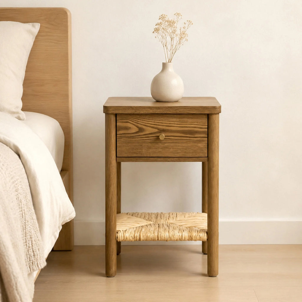 Walnut Ainsley Nightstand Side End Table with Rounded Edge Tabletop, Solid Wood Round Legs, Woven Jute Storage Shelf & Drawer, f