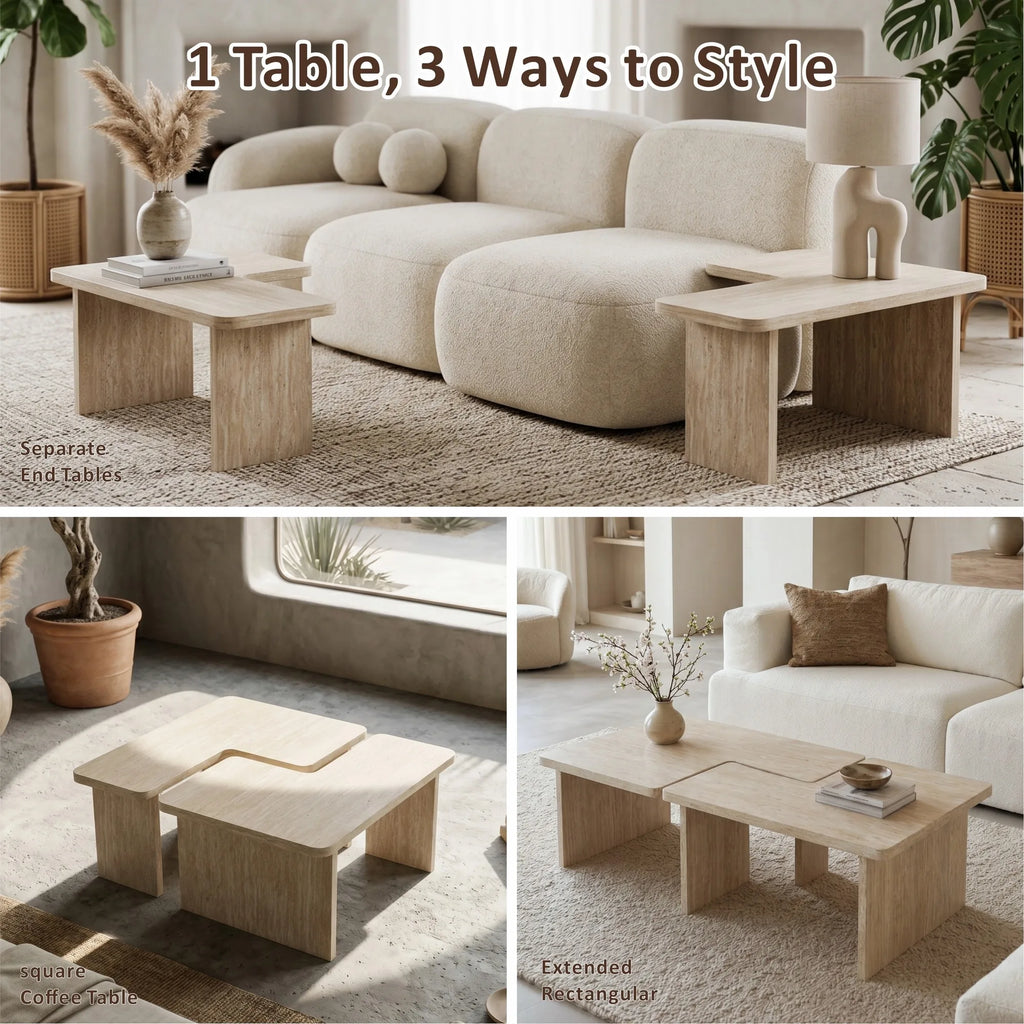 Modular Travertine Coffee Table Set of 2, Nesting L-Shaped Puzzle Center Table, Separable Side Corner Table for Apartment Small