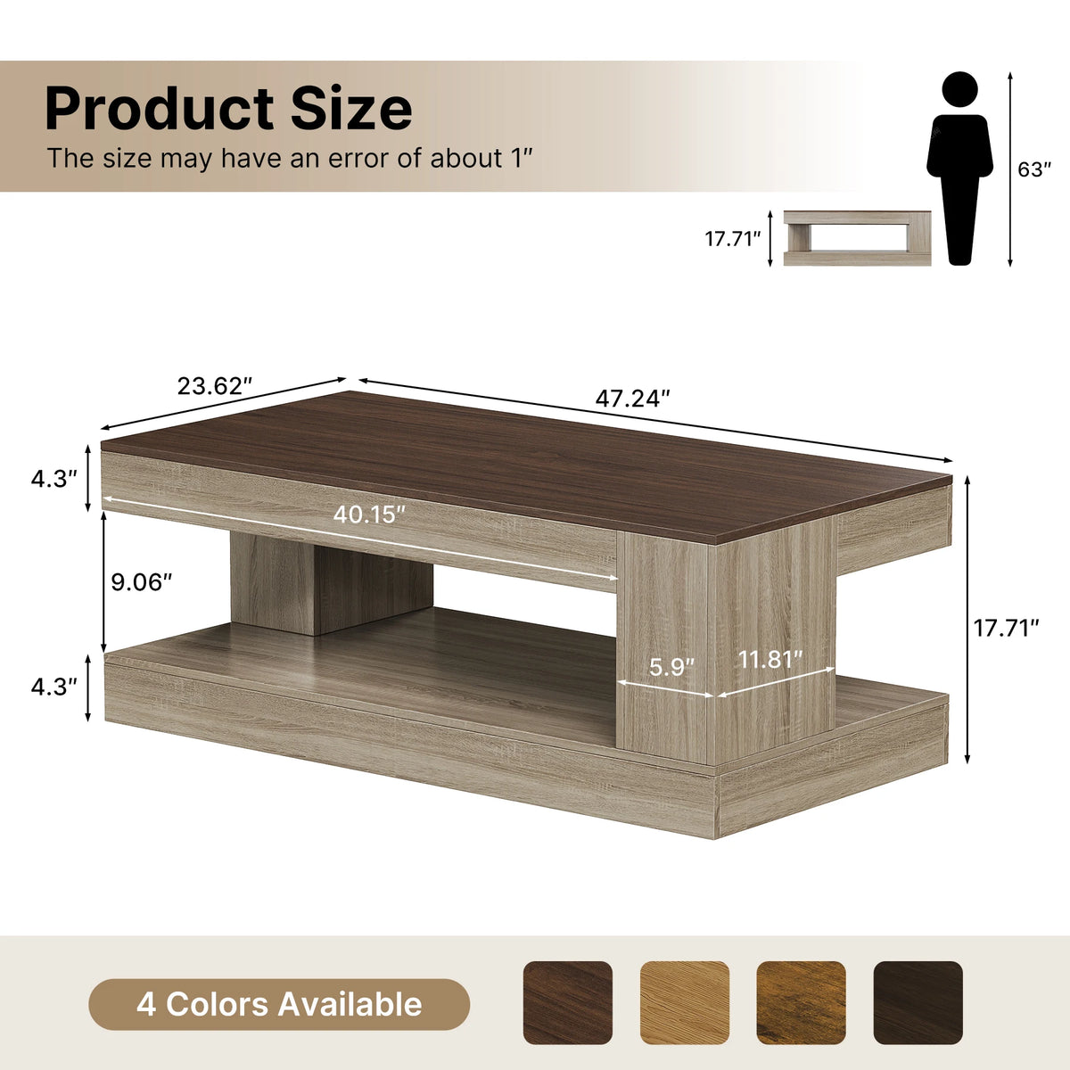 Modern Durable Handmade Wood Coffee Table APP Control Lights Two-Tone Finish 2-Tier Storage Eco-Friendly Living Room Furniture
