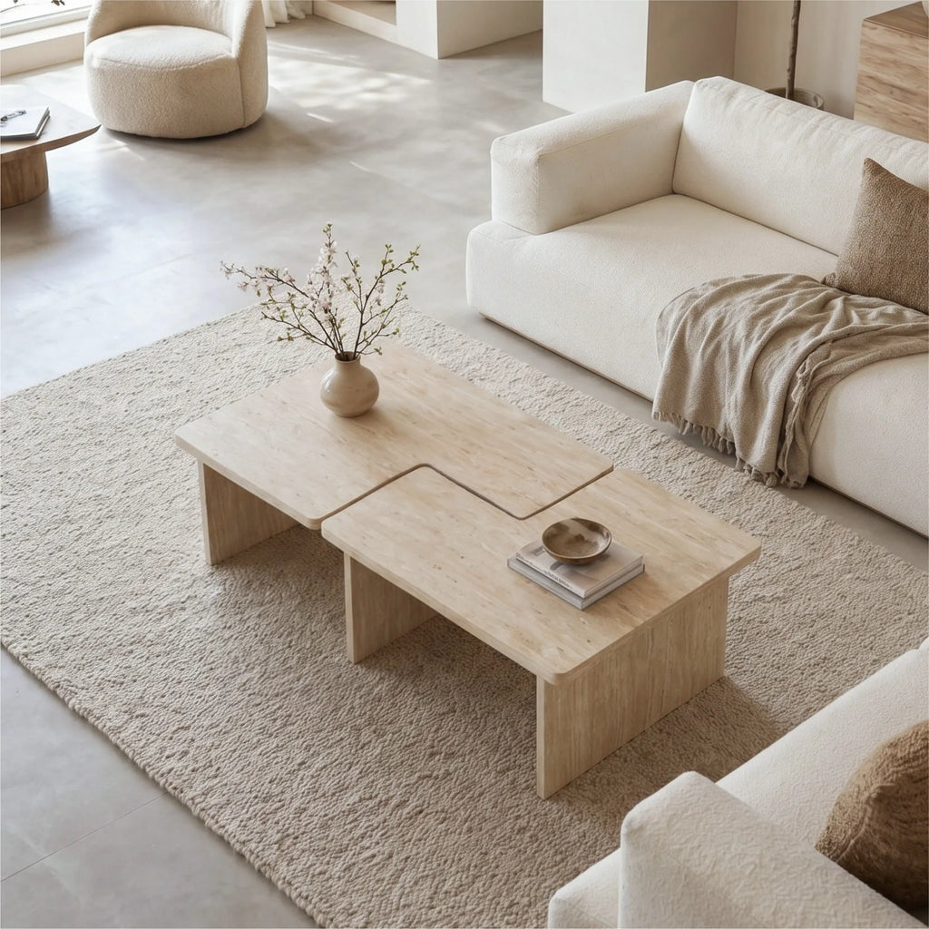 Modular Travertine Coffee Table Set of 2, Nesting L-Shaped Puzzle Center Table, Separable Side Corner Table for Apartment Small