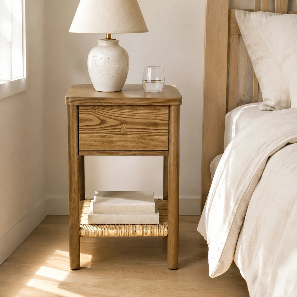 Walnut Ainsley Nightstand Side End Table with Rounded Edge Tabletop, Solid Wood Round Legs, Woven Jute Storage Shelf & Drawer, f