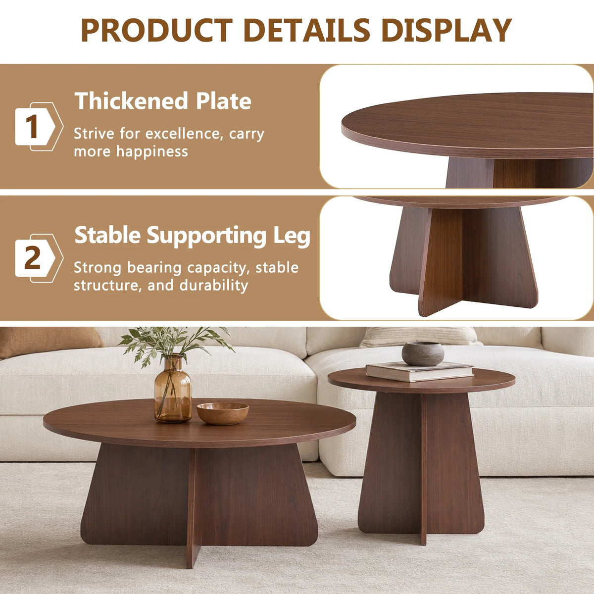 Retro-style nesting coffee table set. Available in walnut or natural wood finishes. Round nesting side tables with crisscross le