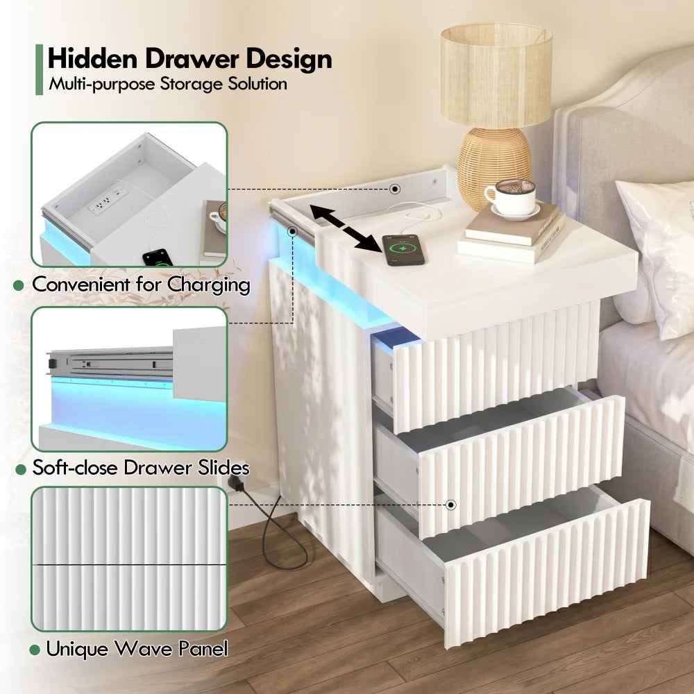 White Nightstand Set of 2 with Charging Station Fluted Wave Panel Bedside Table Sliding Top LED Lights
