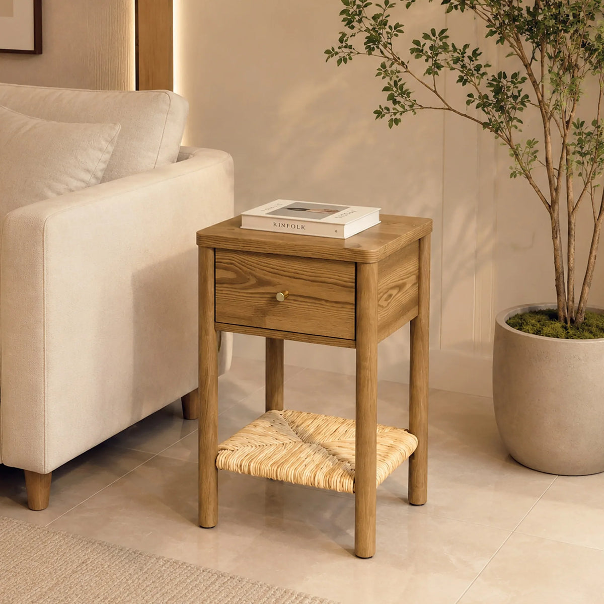 Walnut Ainsley Nightstand Side End Table with Rounded Edge Tabletop, Solid Wood Round Legs, Woven Jute Storage Shelf & Drawer, f