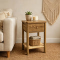Walnut Ainsley Nightstand Side End Table with Rounded Edge Tabletop, Solid Wood Round Legs, Woven Jute Storage Shelf & Drawer, f