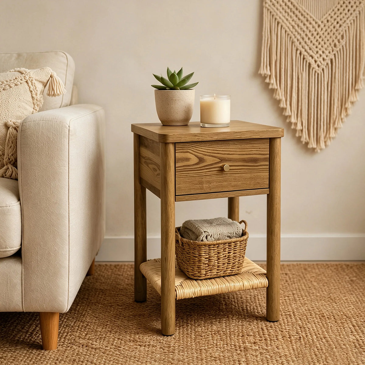 Walnut Ainsley Nightstand Side End Table with Rounded Edge Tabletop, Solid Wood Round Legs, Woven Jute Storage Shelf & Drawer, f