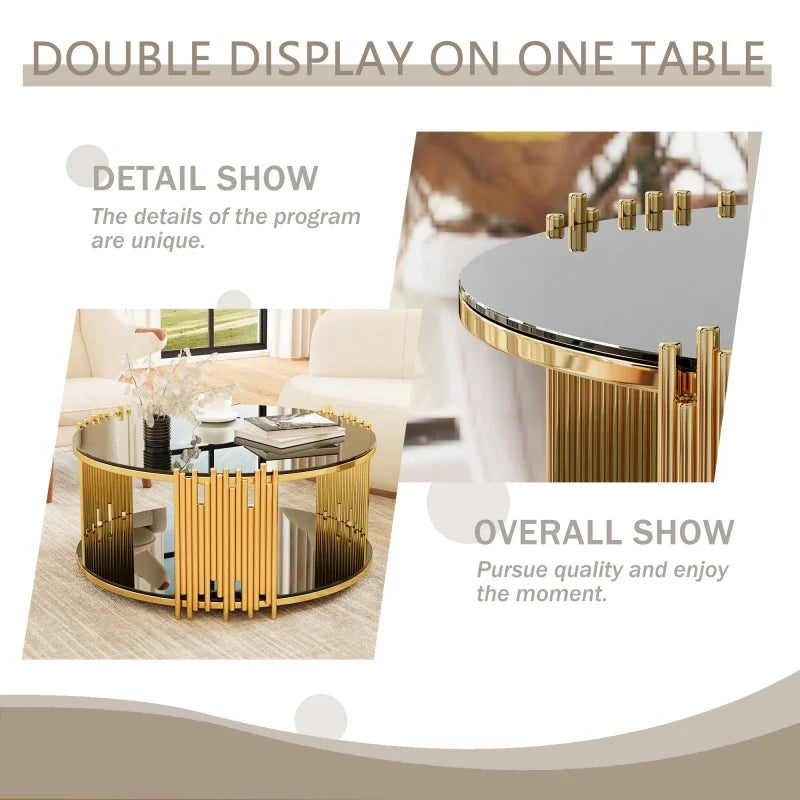 M Modern Light Luxury Durable Living Room Furniture Stainless Steel Circular Coffee Table Storage Tempered Glass Countertop