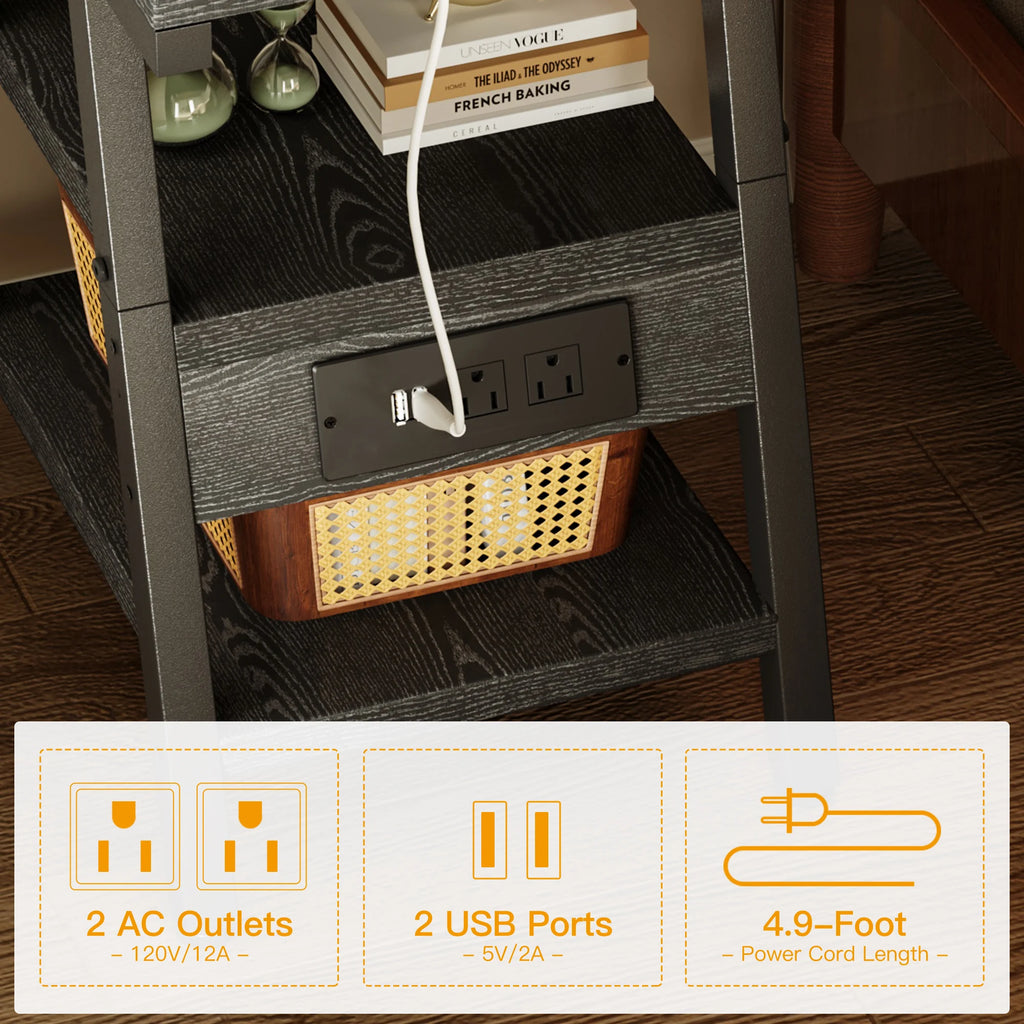 Small Side Tables with Lucky 7 Metal Shape, End Table with Charging Station, 3-Tier Nightstand with Outlets and USB Ports