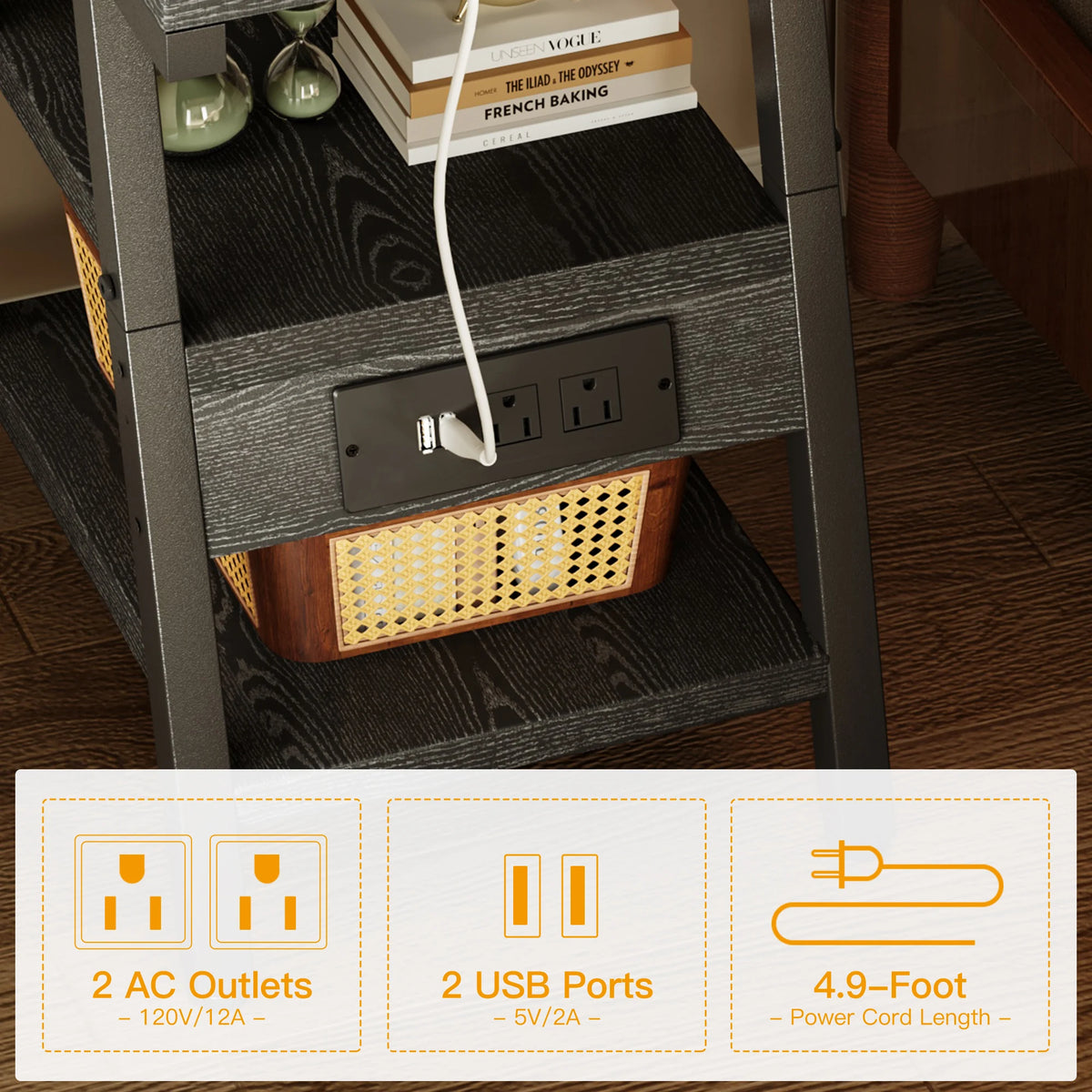 Small Side Tables with Lucky 7 Metal Shape, End Table with Charging Station, 3-Tier Nightstand with Outlets and USB Ports