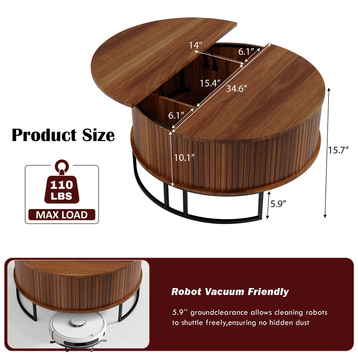 31.5 Inch Round Coffee Table with Storage,Fluted Lift Top Center Table, Midcentury Modern Flip-top Curved Table for Living Room,