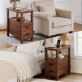 End Table with Charging Station,Side Tables with USB Ports & Outlets,Side Table with 2 Drawers, Small Wood Bedside Table, Small