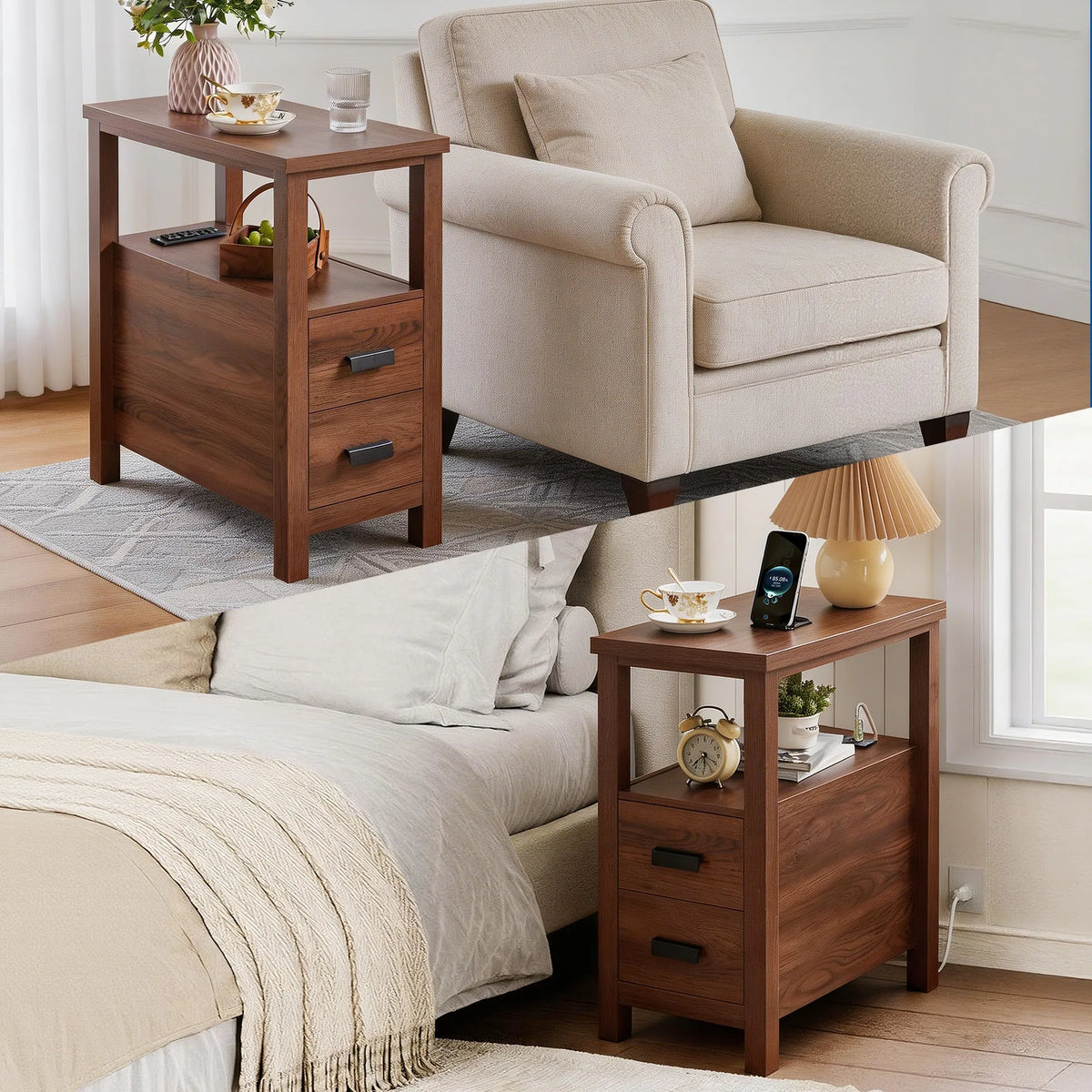 End Table with Charging Station,Side Tables with USB Ports & Outlets,Side Table with 2 Drawers, Small Wood Bedside Table, Small