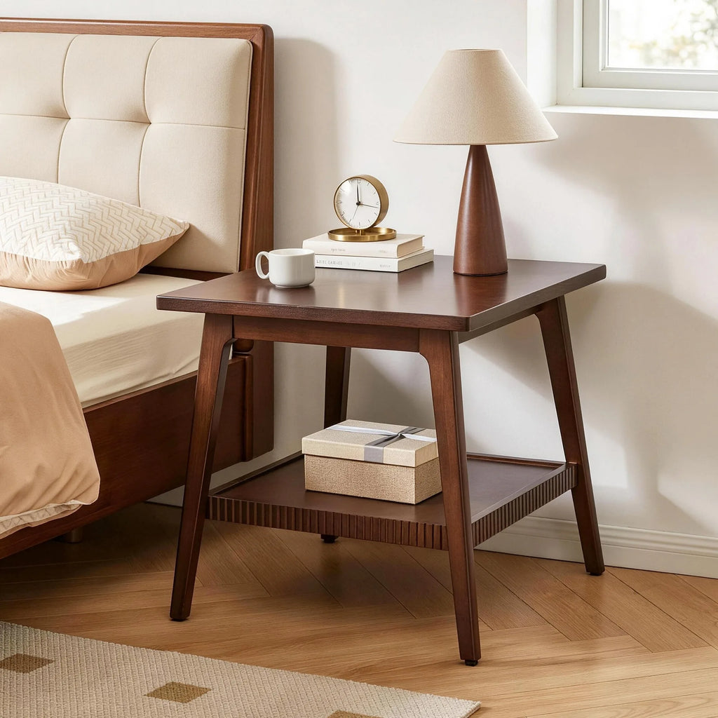 Solid Wood End Table, 2 Tier Square Side Table with Storage Shelf, Modern Nightstand Accent Table for Living Room, Sofa Couch Si