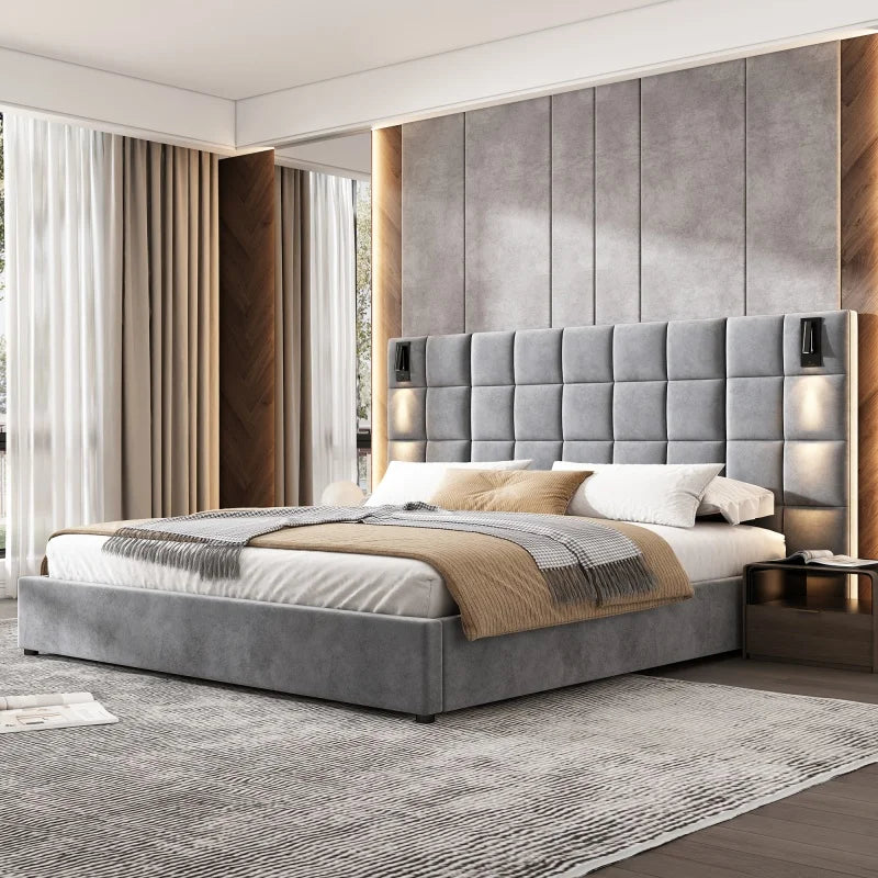 Wide-Headboard Bed with Reading Lights