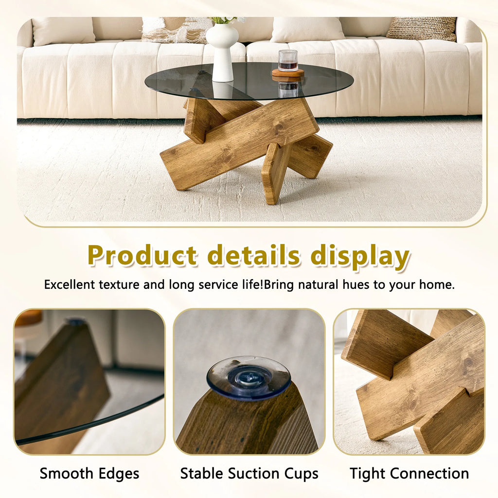 Artistic Cross-Style Round Coffee Table.Smoked Gray Tempered Glass + Wood-Patterned MDF Base, Mid-Century Modern Living Room Cof