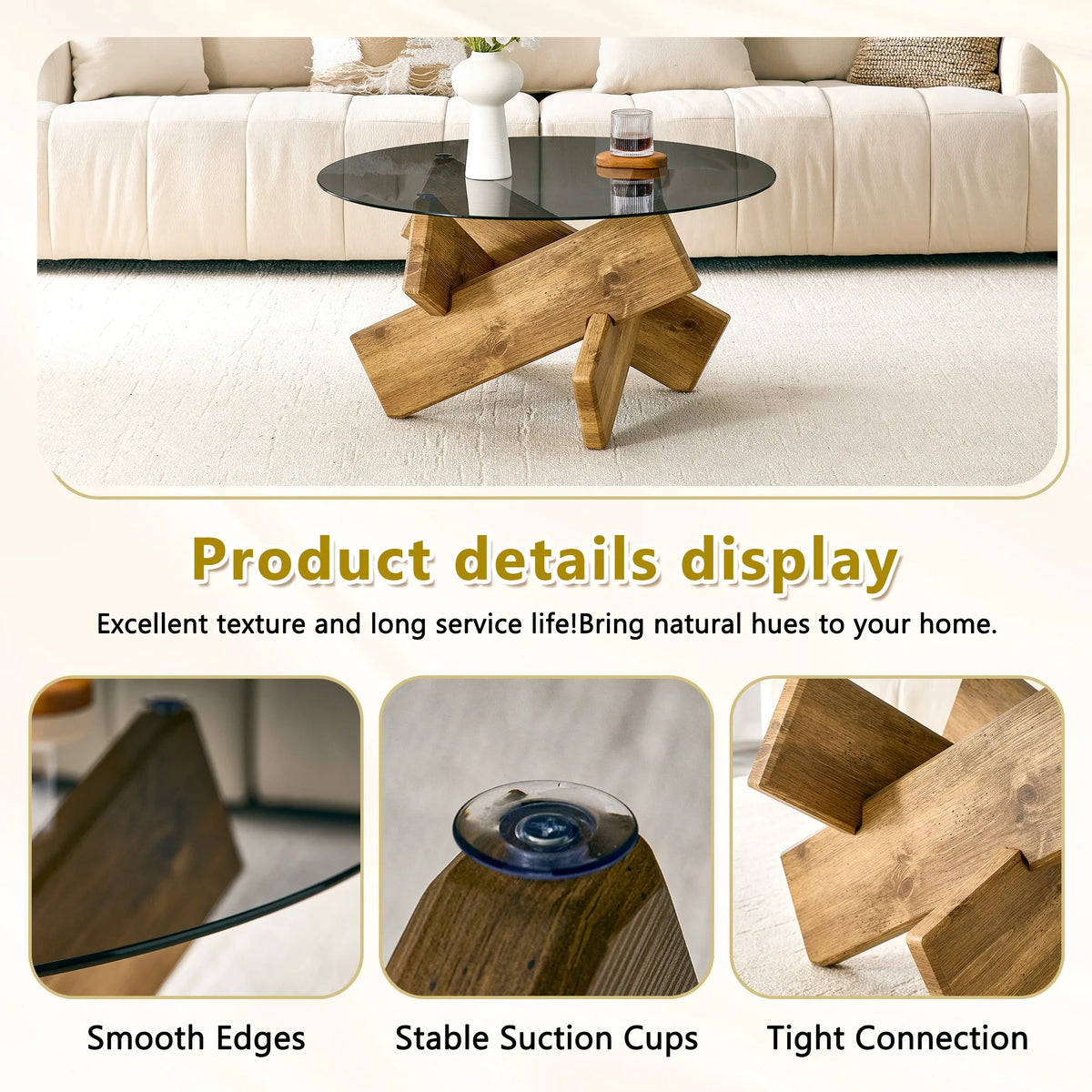 Artistic Cross-Style Round Coffee Table.Smoked Gray Tempered Glass + Wood-Patterned MDF Base, Mid-Century Modern Living Room Cof