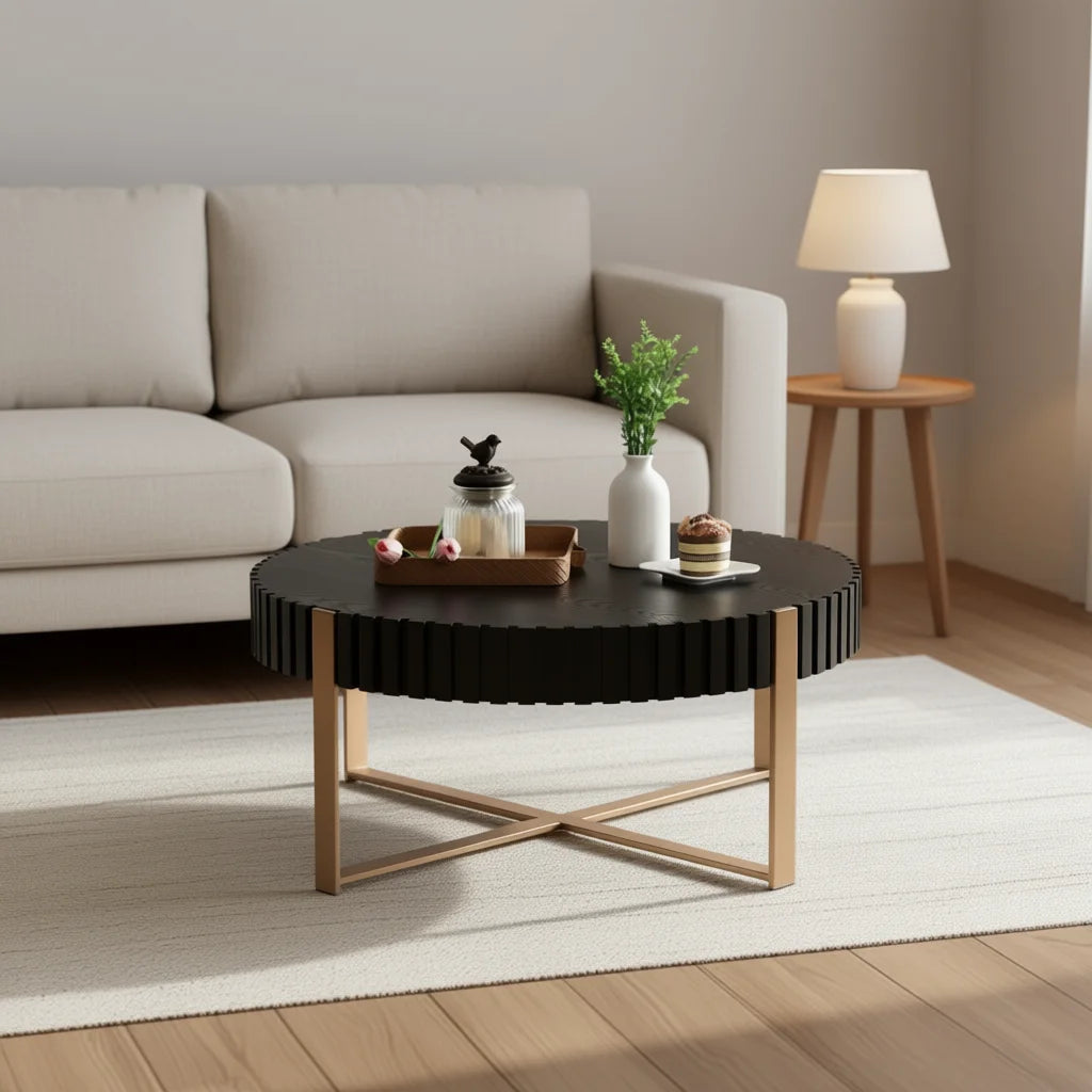 Modern Round Coffee Table 31.5 Inch Matt Black Wood Metal Frame Living Room Furniture