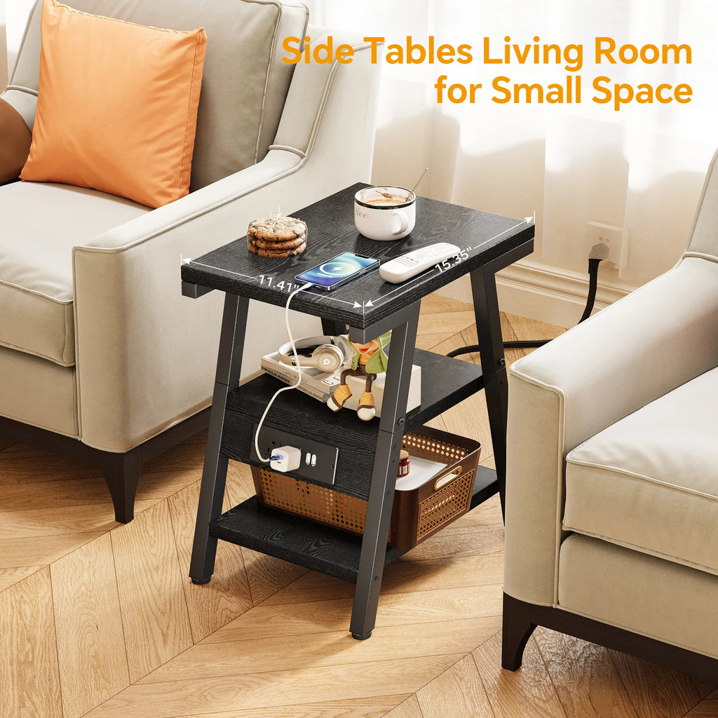 Small Side Tables with Lucky 7 Metal Shape, End Table with Charging Station, 3-Tier Nightstand with Outlets and USB Ports