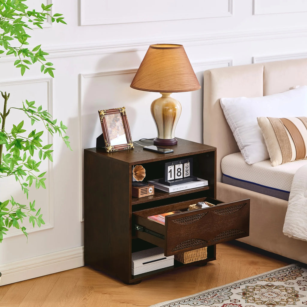 Mid Century Modern Rattan Nightstand with Charging Station USB Ports & Outlet Hole & 4 Solid Wood Bases, Farmhouse End Table wit