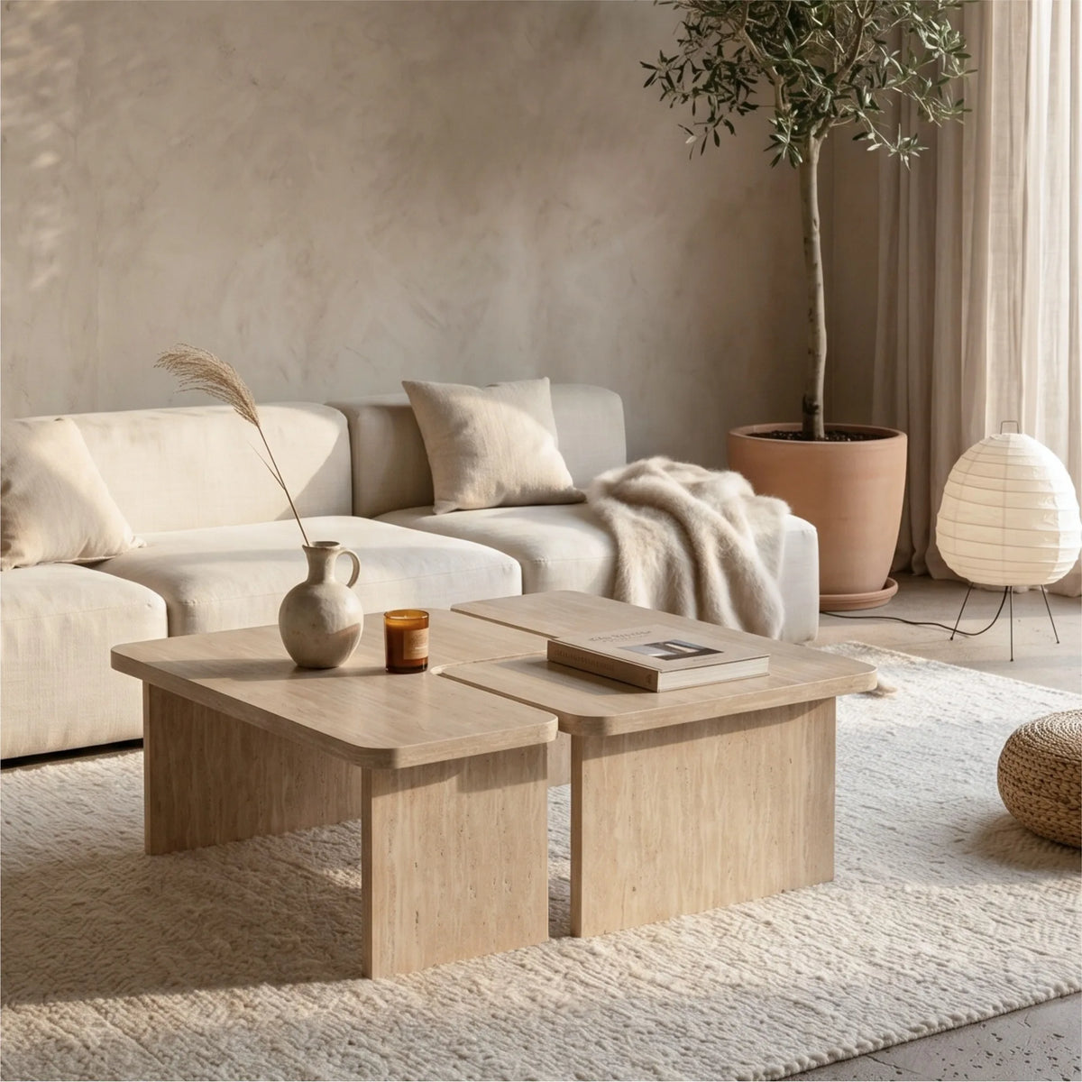 Modular Travertine Coffee Table Set of 2, Nesting L-Shaped Puzzle Center Table, Separable Side Corner Table for Apartment Small
