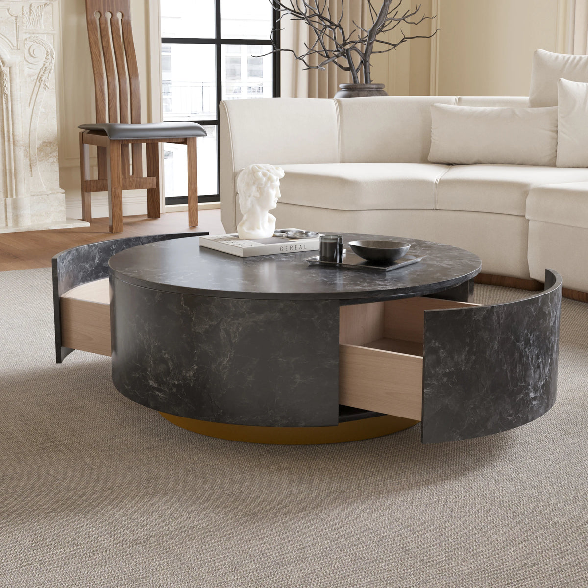 ATUNUS USA in Stock Drop Shipping Side Table Tea Storage Modern Marbling MDF Wood Center Round Coffee Table With Drawer