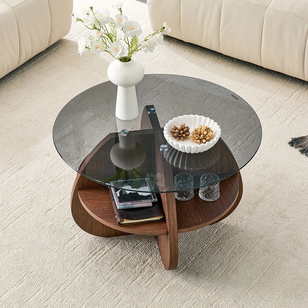Creative Cross-Structure Round Coffee Table with Gray Tempered Glass Top and Walnut-Colored Fan-Shaped Storage. Perfect for livi