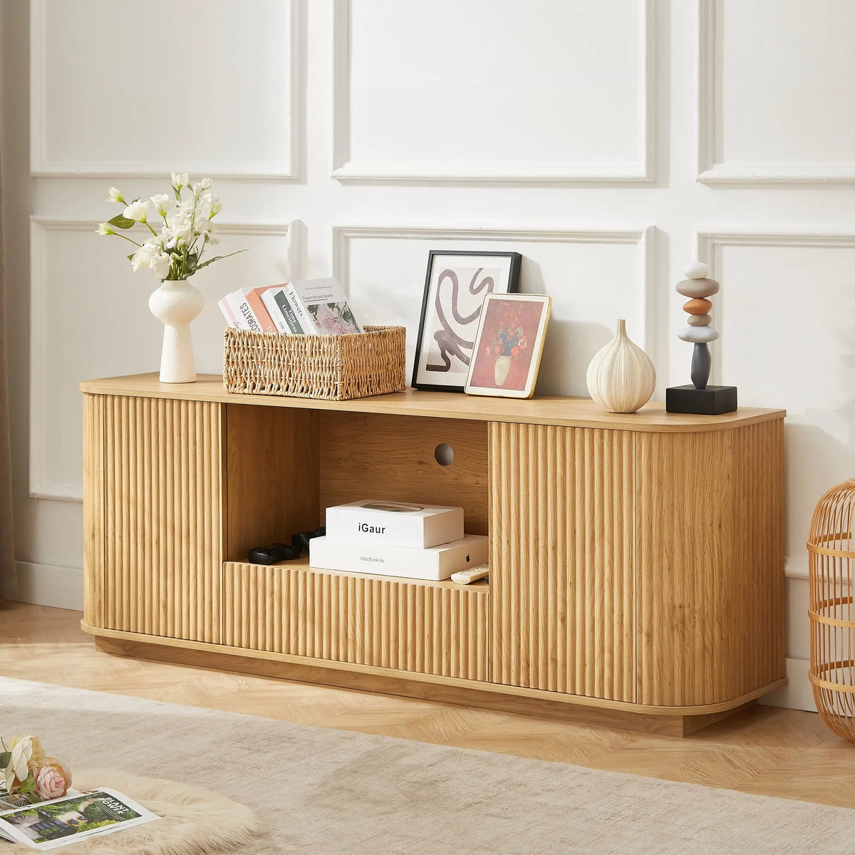 Ripple Fluted Wood TV Stand Modern Entertainment Center Media Console Cabinet with Storage for Living Room Home Furniture